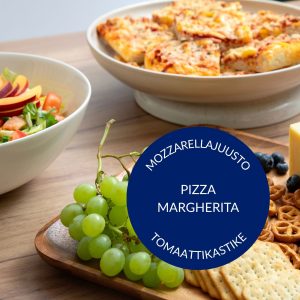 Pizza Margherita, salaatti ja alkoholiton juoma /hlö